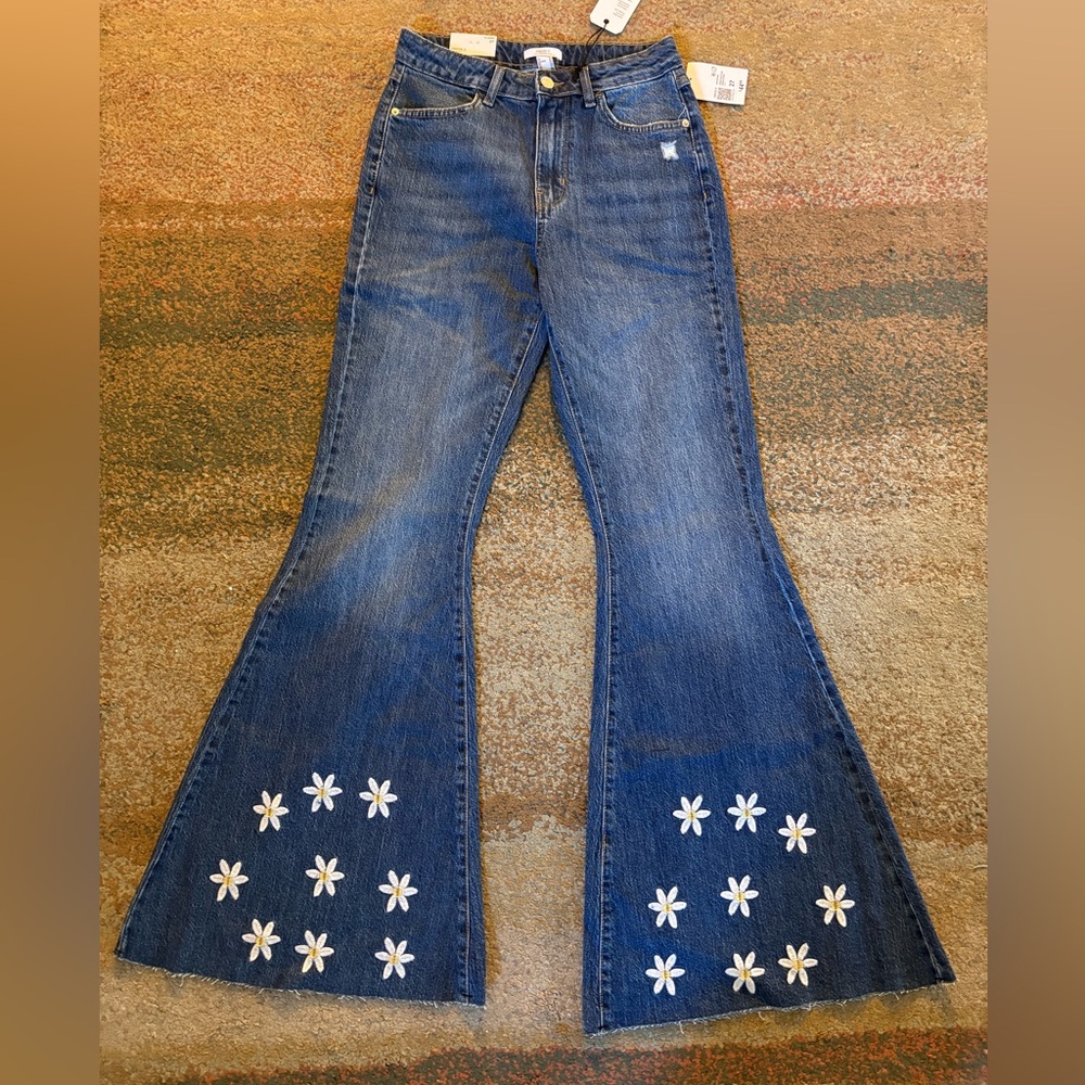 Forever 21 Blue Flare Jeans with White Floral Embroidery